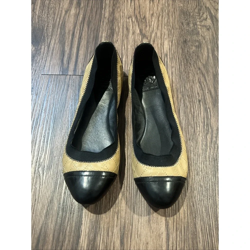 Tory Burch Quilt Scrunch Bridgette Leather Ballet Flats Black Toe Cap Size 7